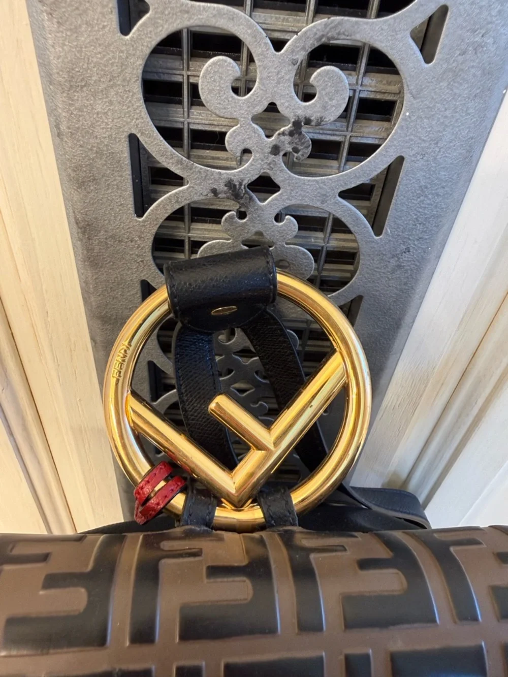 Fendi Black Leather Backpack with Brown Monogram Flap and Red Accents - Picture 3 of 11